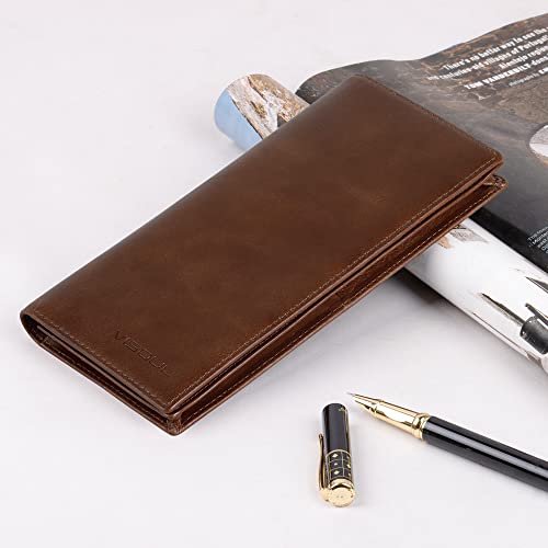 Image of VISOUL Leather Checkbook Cover Wallet for Men with RFID Blocking, Mens Long Bifold Cash Tall Wallet with 11 Credit Card Slots 1 ID Window (Brown)