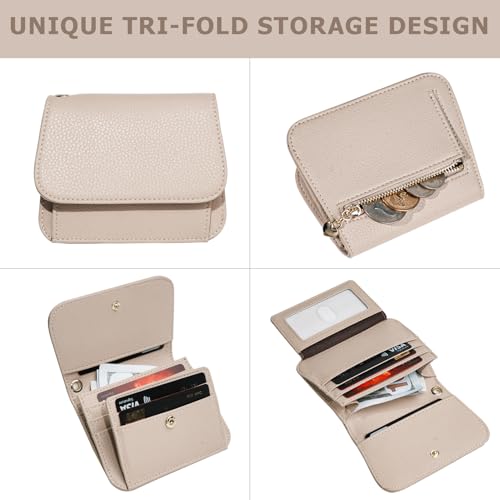 Image of Women Small Wallet RFID Blocking Slim Wallet with Coin Pocket Tri-Fold Credit Card Holder with ID Window and Keychain (Khaki)