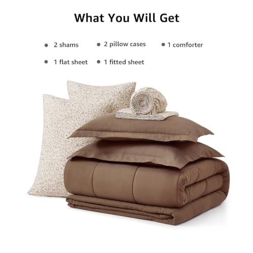 Image of Monbix King Size Comforter Set, 7 Pieces Soft Bed in a Bag King Bedding Set | All Season Brown Track Stitching Comforter with Printed Sheets, Pillowcases & Shams