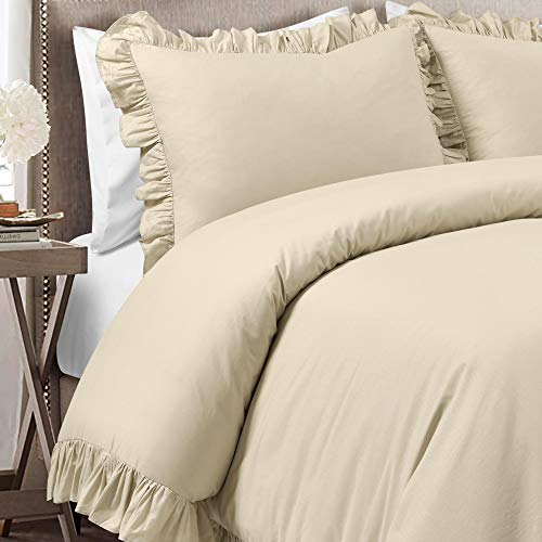 Image of Lush Decor Reyna Ruffle Cotton Duvet Cover Set 3 Piece Set Full / Queen, Wheat - Queen Size Bedding Set - Beige Duvet Queen- Ruffled Bedding - Coquette Decor