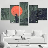 5 Panel Canvas Wall Art Samurai Standing on Stairway in Night Forest with The Red Moon on Background, Illustration Painting Pictures Modern Artwork for Home Decorations Ready to Hang - 60
