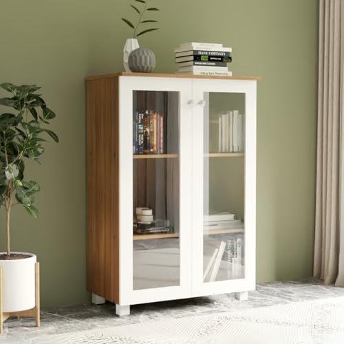 Image of Hobbit Engineered Wood Bookshelf | Book Storage & Display Cabinet for Living Room, Study Room & Home Office | 2 Door Glass Cabinet Storage | Leon Teak & White Finish