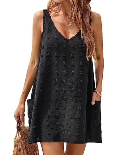 Acramy Damen Strandkleid A-Linie Kleid Sommer Ärmellos Strandkleider Kurze Sommerkleider (L, Schwarz)