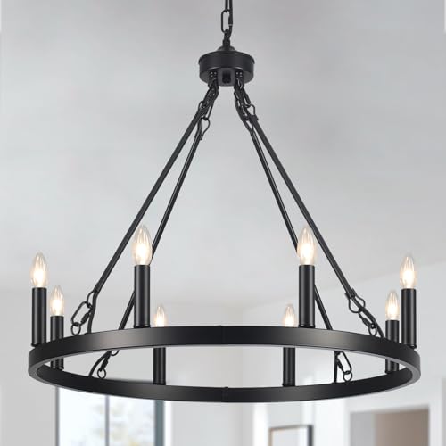 ASHUAQI Kronleuchter Schwarz, 8 Flammig Wagenrad Kronleuchter Vintage im Landhausstil, Industrial Rustikal Hängelampe Lüster Pendelleuchte für Wohnzimmer, Esszimmer, Küche, Schlafzimmer, Flur
