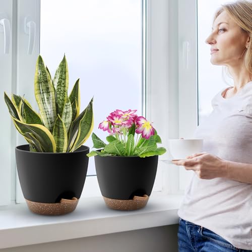 image for QRRICA Plant Pots 10/9/8/7.5/7 Inch Self Watering Pots, Set of 5 Plast