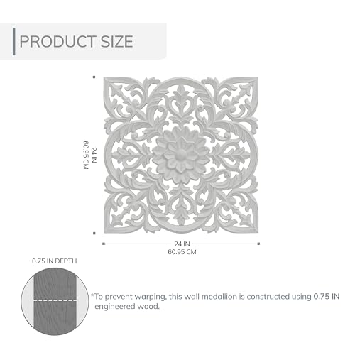 Image of JFY Designs Blaze Hand Carved Wood Medallion Wall Panels Bedroom Decor | Wall Mount Floral Sculpture Wall Art for Living Room, Bedroom Set, White Distressed Finish, Square 24 x 24 inch
