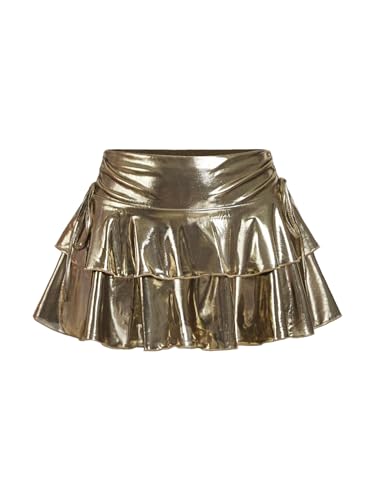WDIRARA Women's Y2k Sparkly Layered A Line Mini Skirt Drawstring Side Ruffle Low Waist Party Skirts