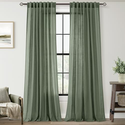 Olive Green Curtains 96 inch Length 2 Panels for Bedroom Back Tab Light Filtering Semi Sheer Drapes Linen Cotton Textured Airy Modern Farmhouse Living Room Sage Aesthetic Decor 52x96