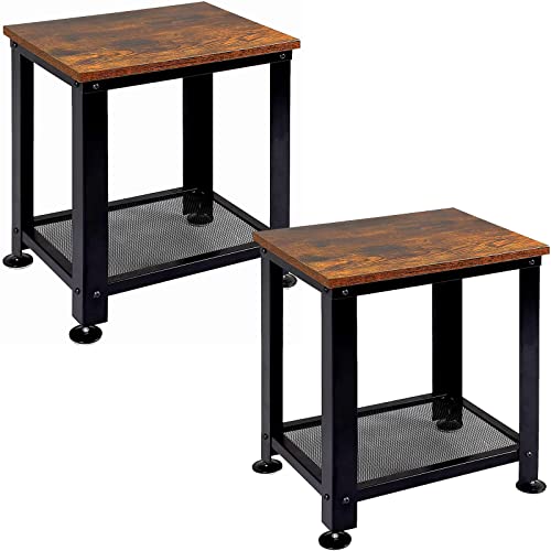 GIOTORENT2-Tier End Table, Industrial Side Table Nightstand with Metal Frame, Coffee Table with Mesh Shelves for Living Room, Coffee Bar, Rustic Brown and Black，2 Pack