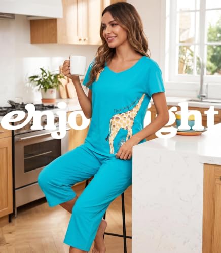 Image of ENJOYNIGHT Womens Pajama Sets Cotton Pj Set Short Sleeve Top With Capri Pants Sleepwear 2 Piece Lounge Set
