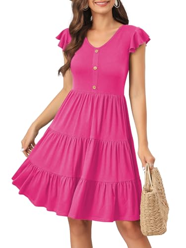 Image of Lamilus Summer Dresses for Women 2026 Ruffle Sleeve V Neck Non-See Through Tiered Babydoll Mini Dress Graduation Beach