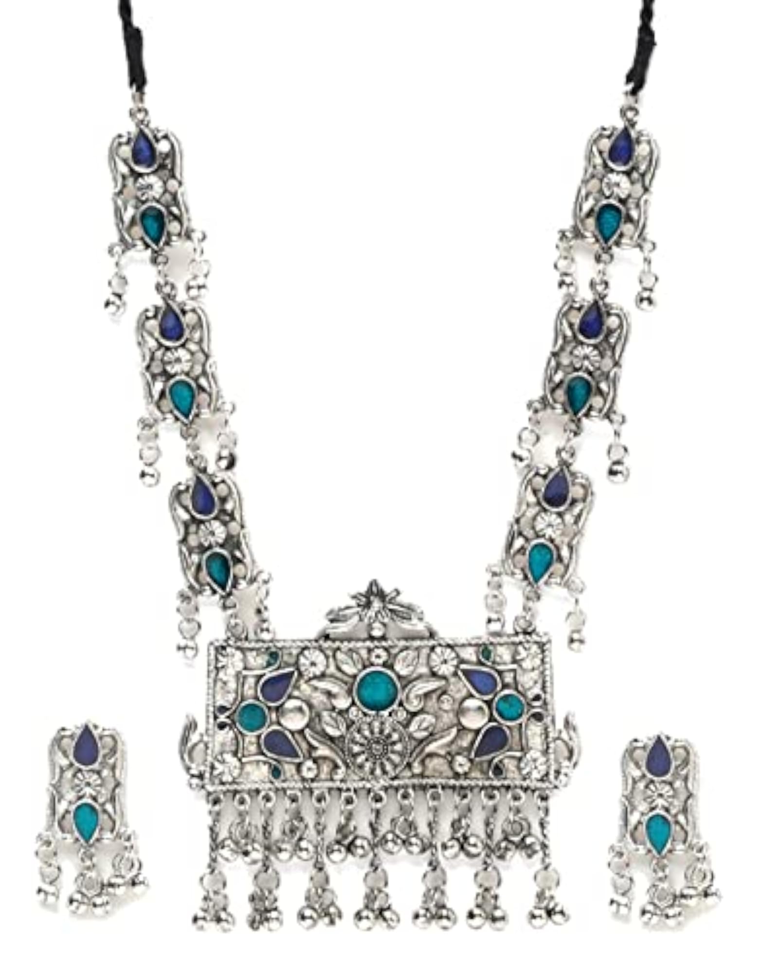 Oxidised Silver Afghani Tribal Necklace Jewellery Set with Earrings