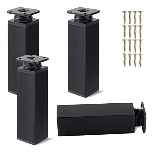 Niviy Patas para Muebles 4 Piezas Patas Regulables Cuadradas Aleación de Aluminio con Placa de Fijación Patas para Sofas Pies de Gabinete Armarios Cama 150 mm Tornillos Incluidos Negro Cover