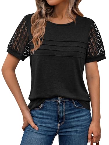 Suncife Blusa de encaje para mujer, manga corta, elegante, para verano, casual de negocios, camiseta, Negro, S