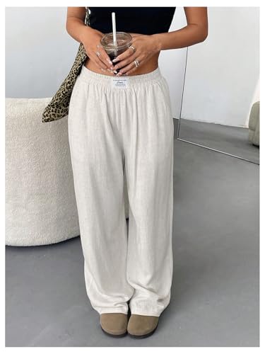 Floerns Women's Linen Wide Leg Pants Elastic Waist Casual Loose Long Trousers with Pockets4