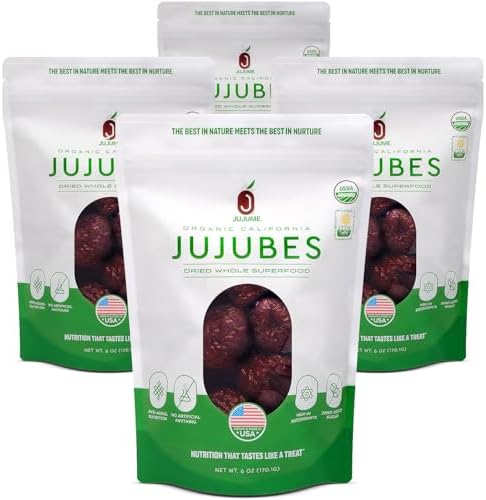 JUJUME USDA Organic Dried Jujubes, Whole Red Dates, 6 oz Bags, 4-Pack