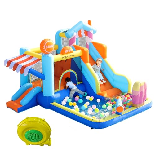Gran castillo hinchable con soplador, castillo hinchable con tobogán seco, piscina infantil, pared de escalada, salto y canasta de baloncesto, toldo de tienda, parque acuático para niños, centro de