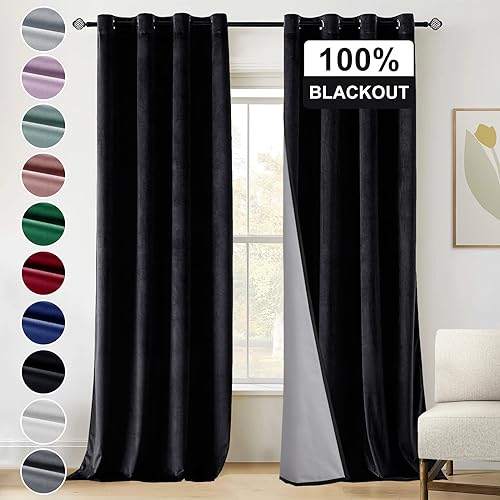 Hussome 100% Blackout Curtains for Bedroom Thermal Room Darkening Curtains Velvet Curtain Panels with Grey Liner Privacy Grommet Window Drapes for Living Room 2 Panels Set, 52x54 Inch, Black