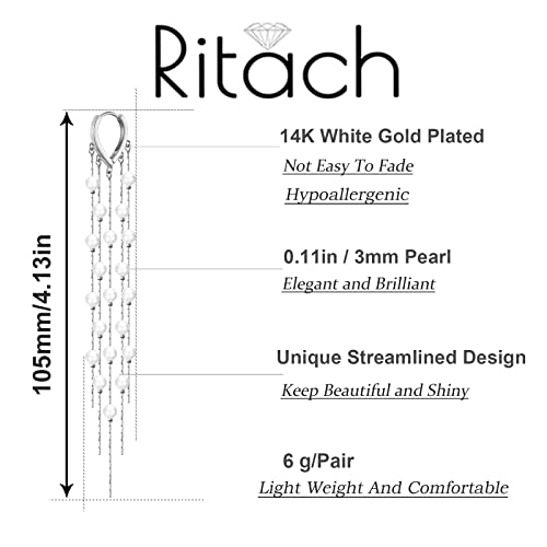Long Pearl Earrings For Women 14K Gold Plated Pearl Dangle Tassel Earrings Sterling Silver Post Long Pearl Drop Earrings For Prom #TOP1