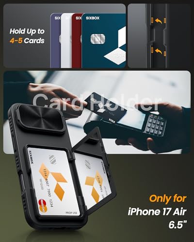 Image of Vihibii for iPhone Air Cover with Card Holder & Adjustable Camera Stand, Military Grade Drop Protection & Build-in Mirror, Rugged Hard Back & Silicone Edge, Kickstand Wallet Case, 6.5 inch 2025, Black