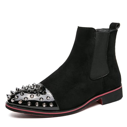 Men’s Suede Spikes Chelsea Boots Fashion Punk Style Round Toe Studded Dress Ankle Boots for Party Stage (Black,6)