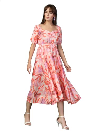 Image of OOMPH! Below Knee Shift Pink Dress in Crepe Fabric with Round Neck and Puff Sleeves - md619l