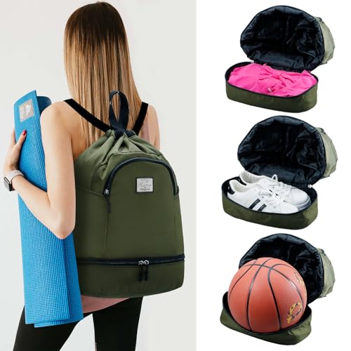 Image of Kamo Drawstring Backpack Bag - Sport Swimming Yoga Backpack with Shoe Compartment, Two Water Bottle Holder for Men Women Large String Backpack Athletic Sackpack for Travel