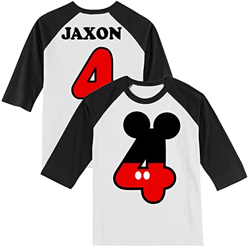 Personalized Mickey 4th Birthday Shirt | Handmade Decorated Shirt | Personalized with Name | Unisex 3/4 Sleeve Raglan T-Shirt | #1182