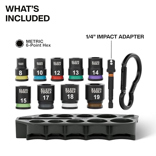Image of Klein Tools 33809M Grab-And-Go Impact Socket Set, Metric, 10-Piece Set with Sleeve, Carabiner, 3 /8-Inch Drive, Color-Coded 8 mm, 10 mm, 12 mm, 13 mm, 14 mm, 15 mm, 17 mm, 18 mm, 19 mm Sockets