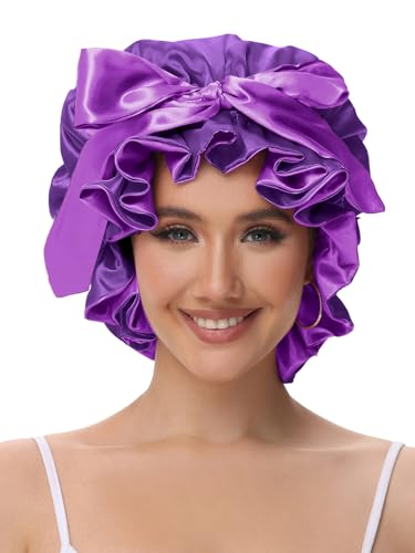 Vettres Cute Adjustable Silk Bonnet for Sleeping Double Layer Satin Cap Hair Sleep Bonnet for Curly Hair Purple — view 2