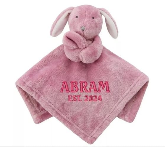 Personalised Newborn Baby Boys Girls Toy Comforter Blankets Elephant, Bunny, Giraffe, Zebra Teddy Embroidered Name | Gift Toy Comforter (Dusky Pink Bunny)