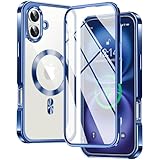 【両面保護ケース・MagSafe対応】FONKCASE iPhone16 用 ケース ストラップホール付き【本体の色・CDリング】メッキバンパーケース クリア PC背面 黄変防止 アイホン16ケース 全面保護 カバー 耐衝撃 タッチ感度良い ワイヤレス充電対応 人気 アイフォン16 用 ケース 6.1インチ（ディープブルー）
