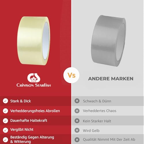 Crimson Starfish Paketklebeband Transparent 6 Rollen à 48mm x 66m | Durchsichtiges Klebeband für das Verpacken von Paketen, Kisten, Kartons, Versand