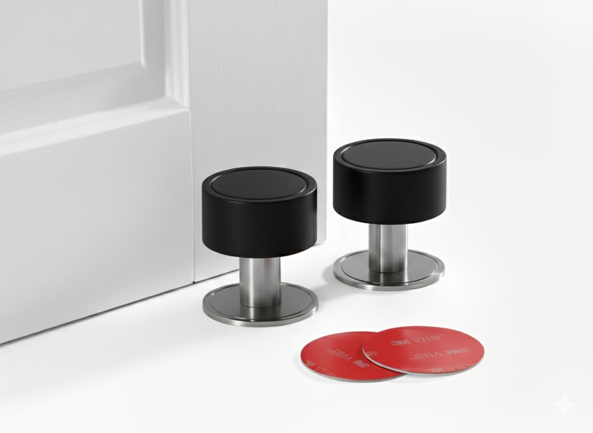 3M Self Adhesive Door Stop, 2-in-1 Installation with Tape or Screws, Floor and Wall Mounted Door Stopper with Noise Dampening Rubber, Door Stopperss (Black, Pack of 2)