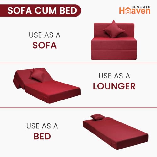 Image of Seventh Heaven 1 Seater 6 * 3 Jute Fabric Washable Cover Sofa Cum Bed with 1 Cushion 1 Seater Single Foam Fold Out Sofa Cum Bed (Finish Color - Maroon Delivery Condition - Pre-Assembled)