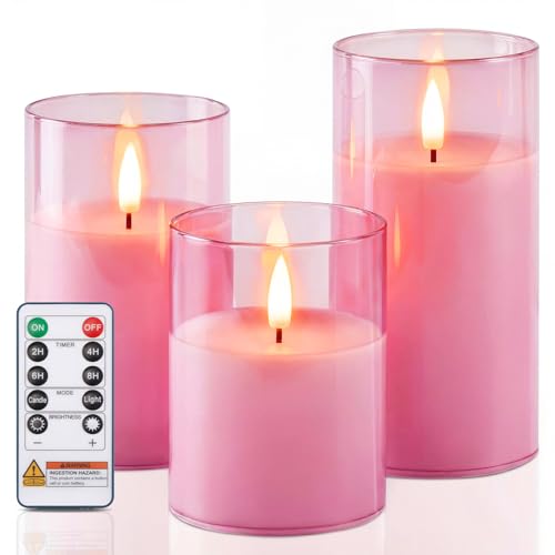 Image of Homemory Pink Glass Flameless Candles, Battery Operated LED Pillar Candles with Remote & Timer, Real Wax Flickering Candles, Romantic Decorative Lights for Home Wedding Party, Set of 3