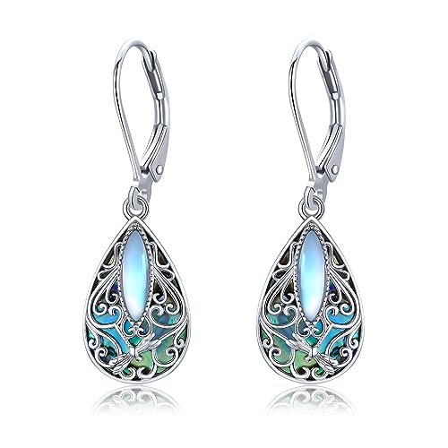 Dragonfly Filigree Earrings Sterling Silver Teardrop Abalone Shell Drop Dangle Earrings Filigree Leverback Earrings Jewelry