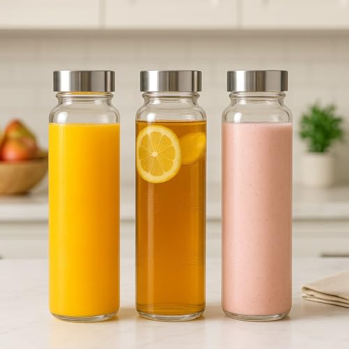 Image of 750ml Glass Water Bottle Set of 3 | Airtight Steel Lid Leak-Proof Botle | Clear Glass Juice, Shake, Detox, Cold Coffee & Infused Drink Bottle | BPA-Free Fridge-Safe Bottle for Home & Office