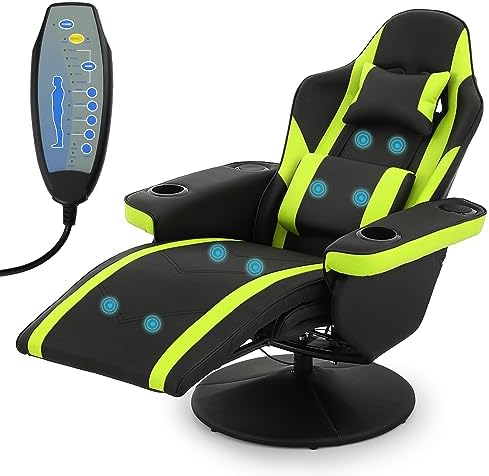 MoNiBloom Gaming Chair with Massage Video Gaming Couch PU Leather Gamer Chair with Headrest Lumbar Support and Cup Holders, RV Recliner with Footrest Reclining Gaming Chair for Small Space, Green
