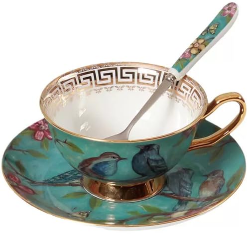 Eplze YBK Tech Euro Style Cup& Saucer Set, Bone China Teacup Coffee Cup for Breakfast Home Kitchen- Birds and Trees Patterns (Blue)