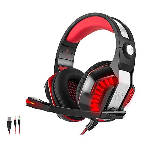 Gaming Kopfhörer PS4 PC, Beexcellent GM-2 Gaming Headset Overear mit mikrofon Led, Lautstärkeregelung Stereo Bass Noise Cancelling, für Xbox One, Laptop, Tablet, die meisten Smartphones (Rot)
