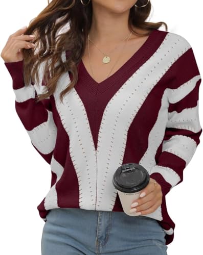 Pullover Damen V-Ausschnitt Langarm Strickpullover Damen V-Form Gestreiftes Pulli Damen – Bild 4