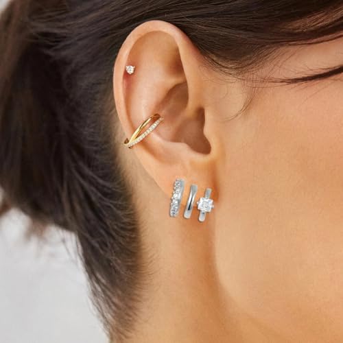 Image of Obidos 14K Gold Plated Illusion Stud Earrings for Women | Triple Huggie Hoop Earrings for One Hole| Trendy Simple Hypoallergenic Fashion Accessories Gold Jewelry Gifts for Womens