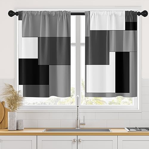 Tayney Black Kitchen Curtains 36 Inch Length Dark Grey White Window Short Tier Curtains Over Sink Set of 2, Modern Abstract Geometric Art Small Kitchen Decor 34x36 Inch