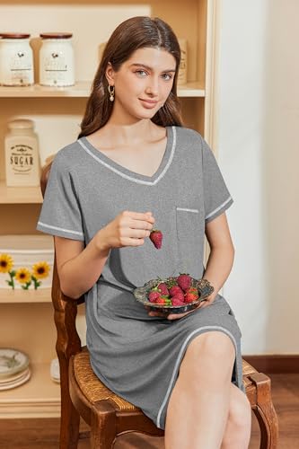 Image of Ekouaer Nightgowns for Women Short Sleeve Sleep Shirts V Neck Nightshirts Soft Sleepshirt Caual T Shirt Sleepdress