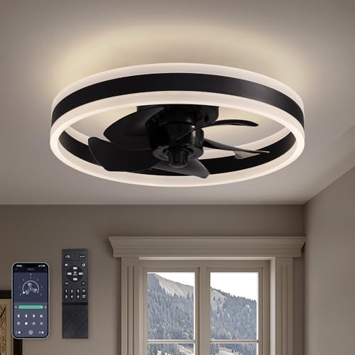 Ceiling Fan with Light, 15in Black Flush Mount Remote