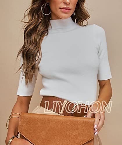 Liyohon Womens Tops Dressy Casual Summer Cute Tops Mock Turtleneck Business White T Shirts White-M #TOP6