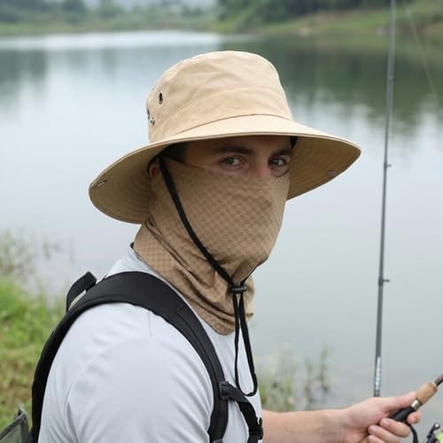 Image of GUSTAVE UV Sun Protection Hat with 2 in 1 Face Cover Neck Gaiter, Wide Brim Round Cap with Ice Silk Nylon Breathable Mesh Mask, UV Protection Fishing Hiking Cycling Outdoor Cap Set Light Khaki
