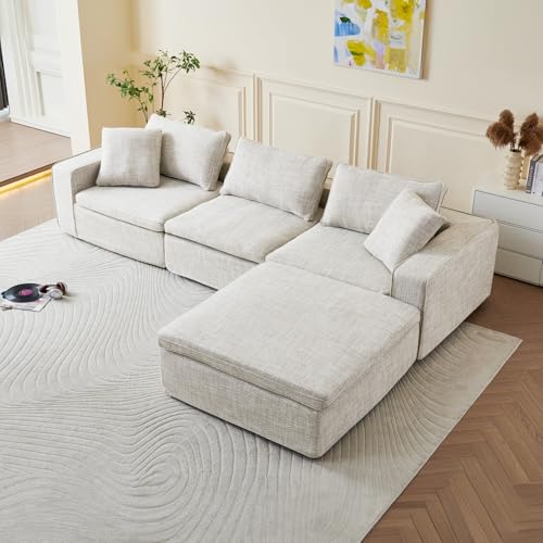 Modern Modular Sectional Sofa, 116" Overstuffed 3-Seater Cloud Couch with Movable Ottoman, Premium Linen Fabric & Duck Down Filling, Deep Seat Minimalist Lounge Sofa for Living Room, Beige