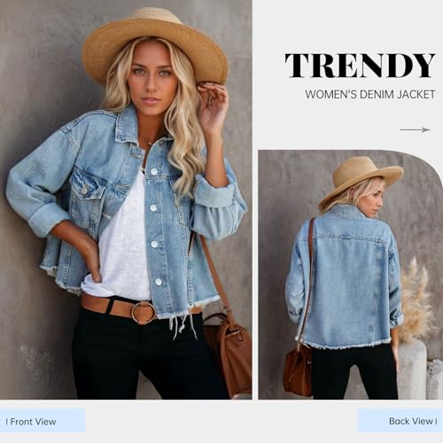 LONGBIDA Women's Jean Jacket Frayed Washed Button Up Cropped Denim Jacket With Pockets2